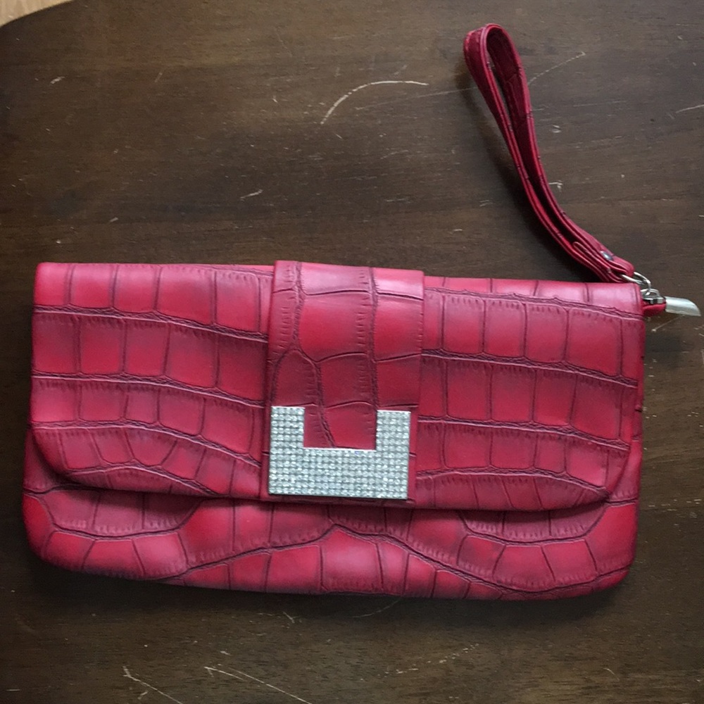Brick red faux croc clutch wristlet shoulder bag